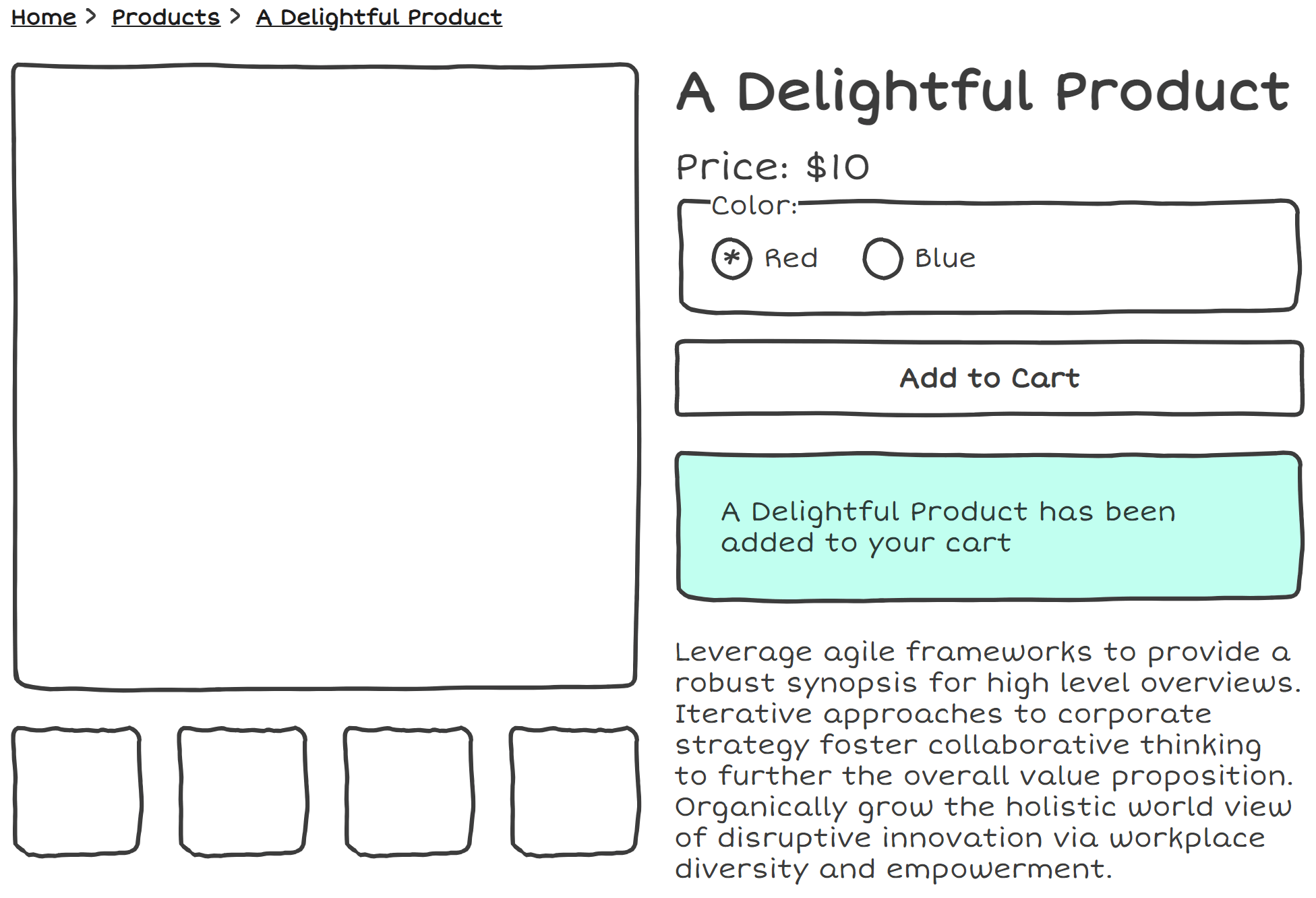 Product form with a notification that says 'A Delightful Product has been added to your cart' below the 'Add to Cart' button