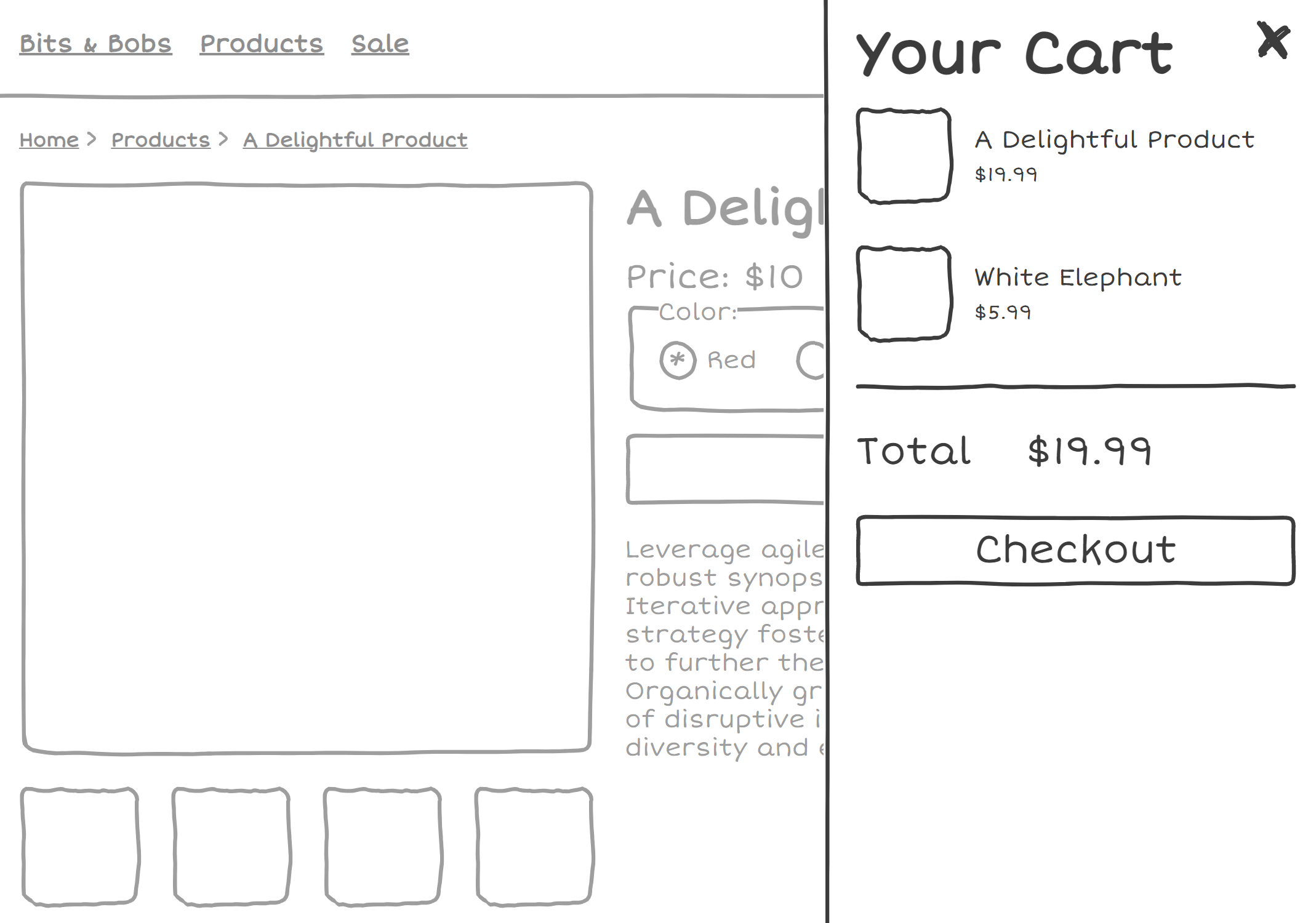 Product page with a cart drawer on the right, with an overlay obscuring the product content.