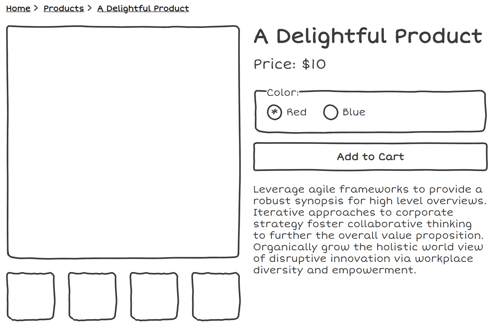 Wireframe of a typical product page. There are breadcrumbs on top, a series of images with thumbnails to the left, and a product title, price, purchase form and description on the right