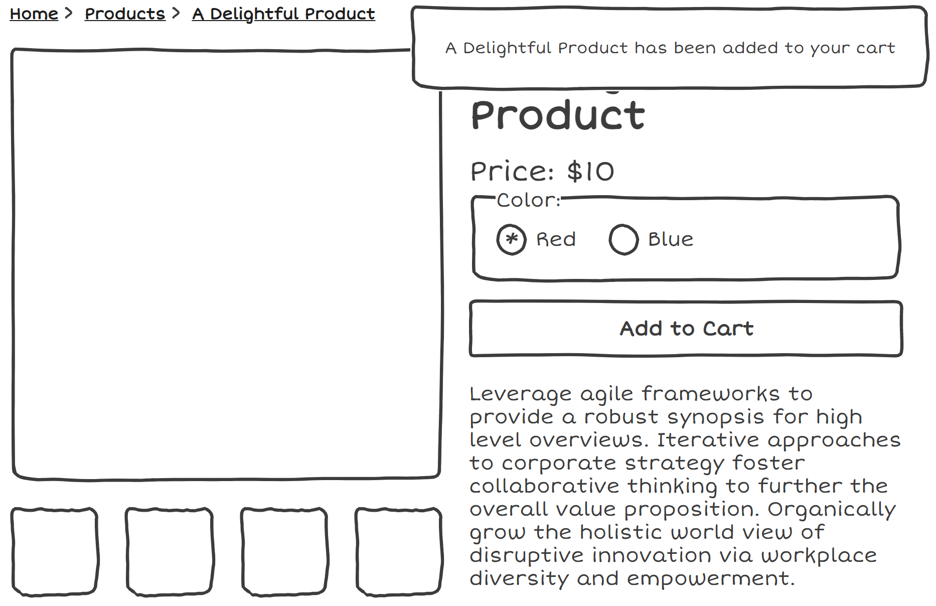 The same product page, the 'A Delightful Product has been added to your cart' now shows up in a toast message on the upper right.